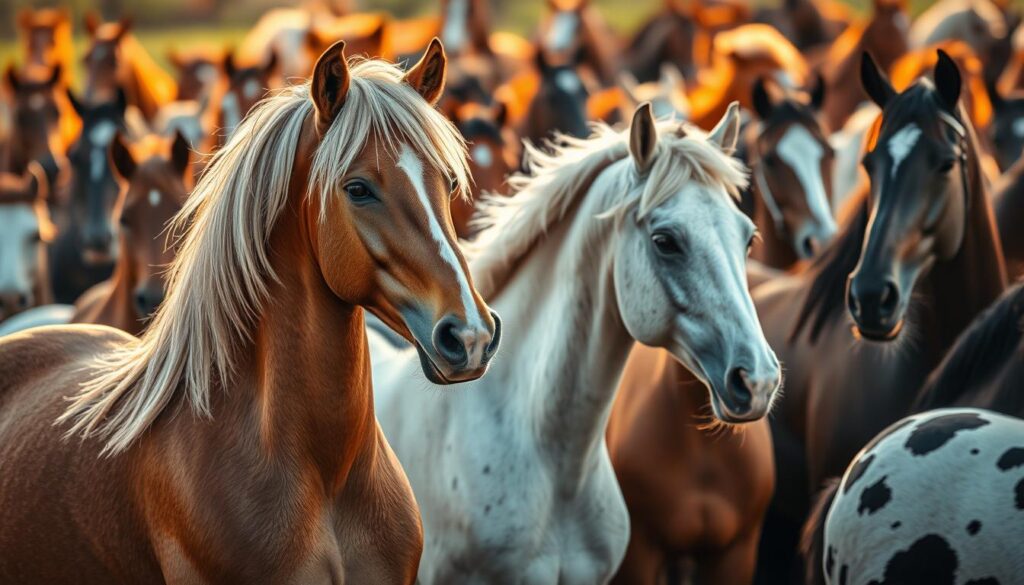 A breathtaking photograph showcasing a diverse array of majestic horse breeds, their distinctive features elegantly captured. In the foreground, a proud Andalusian stallion with its flowing mane and powerful build. Behind it, a graceful Arabian mare with delicate features and an intelligent gaze. In the midground, a sturdy Clydesdale and a nimble Appaloosa, their unique markings and proportions accentuated. The background is filled with a variety of other breeds, each with its own distinctive name and origins, creating a visually stunning display of equine diversity. The image is bathed in warm, natural lighting, enhancing the rich colors and textures of the horses' coats. Captured with a Sony A7R IV camera, the scene is presented with sharp focus and a polarizer filter, resulting in a hyperrealistic, captivating depiction of the "Pferderassen und Namensgebung".