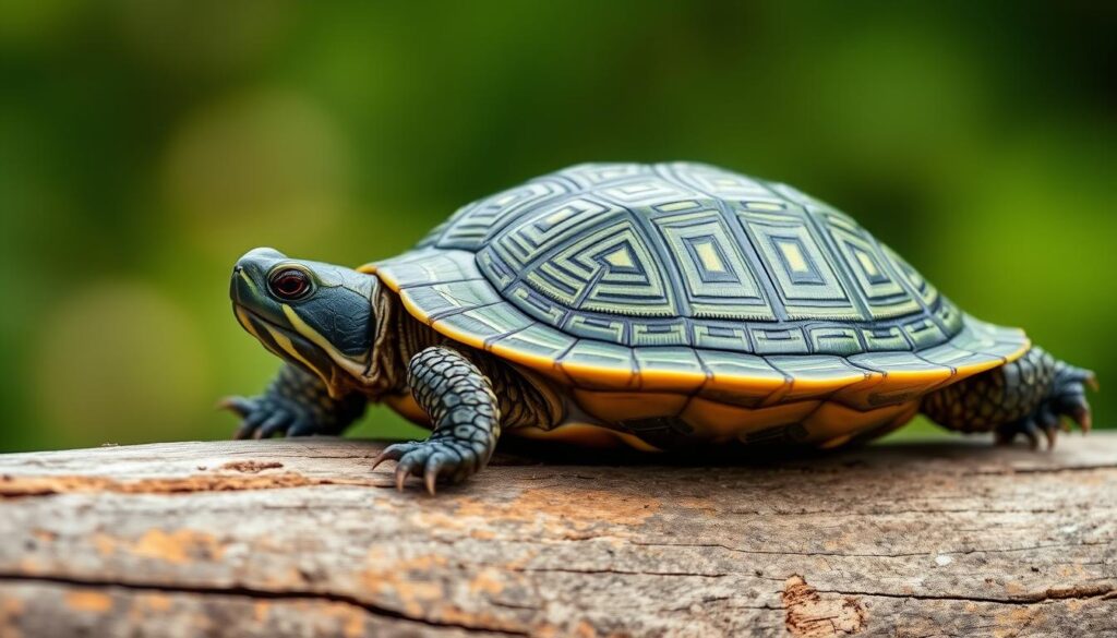 A close-up, macro shot of a Mississippi map turtle (Graptemys pseudogeographica kohnii) sitting on a smooth, weathered log against a blurred, natural green background. The turtle's shell is prominently featured, showcasing its intricate, geometric patterns and vivid olive-green coloration. Soft, natural lighting illuminates the scene, casting gentle shadows that accentuate the turtle's textures and features. The image is sharply focused, with a polarizer filter used to enhance the colors and reduce glare. The overall scene conveys a sense of tranquility and the turtle's essential role in its natural habitat.