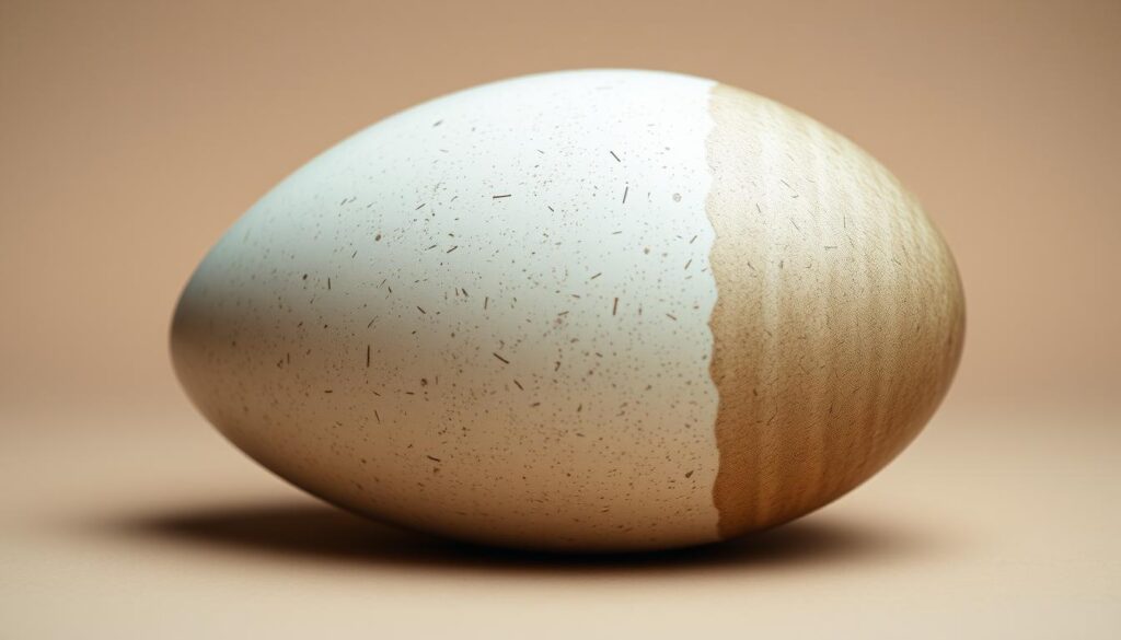 A close-up view of an ostrich egg, showcasing its massive size and distinctive features. The egg rests on a neutral backdrop, allowing its smooth, glossy shell and subtle speckled pattern to take center stage. Captured with a Sony A7R IV, the image is sharply focused, with a polarizer filter enhancing the vivid colors and natural textures. The lighting is carefully balanced, creating a clean, detailed, and hyperrealistic representation of this remarkable example of nature's engineering.