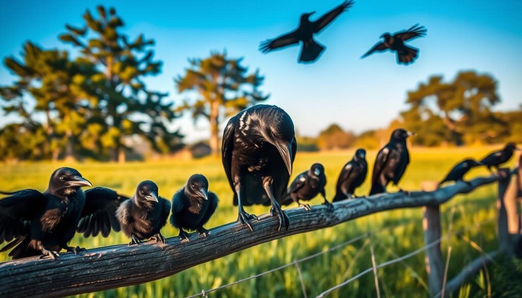 A flock of curious crows and ravens perch on a weathered wooden fence, their black feathers gleaming in the soft, golden light. In the foreground, a pair of raven chicks stretch their wings, while in the middle ground, an adult raven inspects a shiny object it has found. The background is a lush, verdant landscape, with towering trees and a clear blue sky. The scene is captured with a Sony A7R IV camera, using a polarizer filter to enhance the colors and create a sense of depth and clarity. The image is sharply focused and hyperrealistic, inviting the viewer to observe these intelligent birds in their natural habitat.