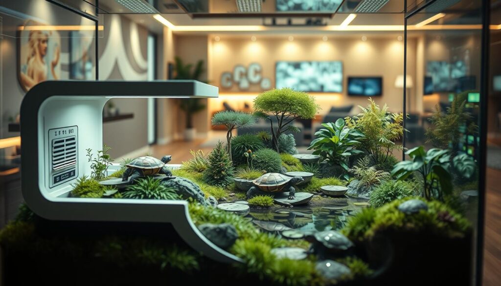 A futuristic terrarium showcasing the innovative housing for the Mississippi map turtle. In the foreground, a sleek, minimalist enclosure with integrated climate control and automated feeding system. The middle ground features a carefully curated naturalistic landscape, complete with lush vegetation, basking platforms, and a tranquil water feature. The background depicts a high-tech smart home interior, with holographic displays and seamless integration of the turtle's habitat. Soft, warm lighting emanates from hidden sources, creating a serene, almost otherworldly atmosphere. Shot on Sony A7R IV, clearly focused, sharply defined, polarizer filter, Hyperrealistic image.