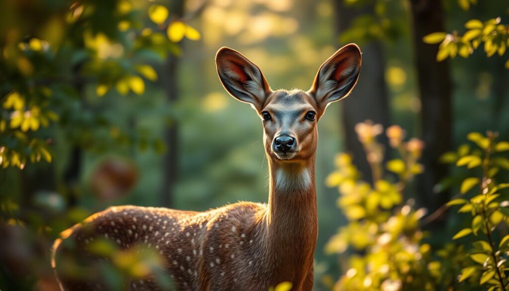 A majestic roe deer standing amidst the lush, verdant foliage of a serene woodland, sunlight filtering through the canopy above, casting a warm, golden glow upon its sleek, reddish-brown coat. The deer's alert gaze is fixed, its ears perked, capturing the essence of the mystical creature in its natural habitat. The scene is captured with a polarizer filter, bringing out the rich, vibrant hues of the forest and the deer's delicate features in sharp, hyperrealistic detail. Captured on a Sony A7R IV, this image perfectly encapsulates the captivating "Mythos und Fakten über Rehe" narrative.