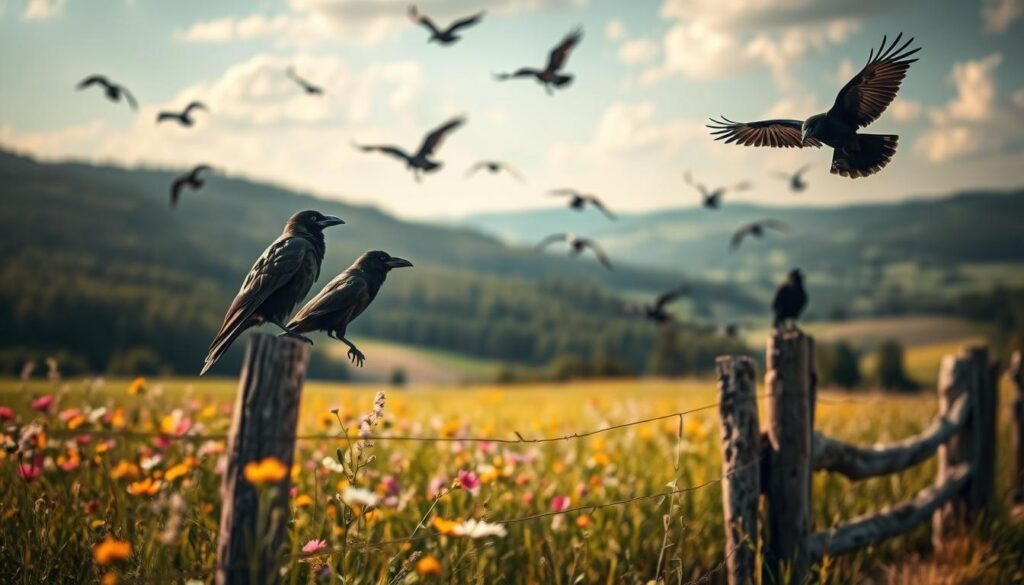A picturesque German landscape unfolds, with a flock of majestic ravens soaring overhead. The ravens, known as Rabenvögel, perch atop weathered wooden fences, their glossy black feathers glistening in the warm, soft light. In the foreground, a lush field of wildflowers sways gently in the breeze, while rolling hills and verdant forests stretch out into the distance. The scene is captured with a Sony A7R IV camera, using a polarizer filter to enhance the vivid colors and sharp definition. This hyperrealistic image conveys the natural splendor of the ravens' habitat in Germany, reflecting the section title "Vorkommen in Deutschland" from the article "Raben und Krähen: Was du über diese klugen Vögel wissen solltest."