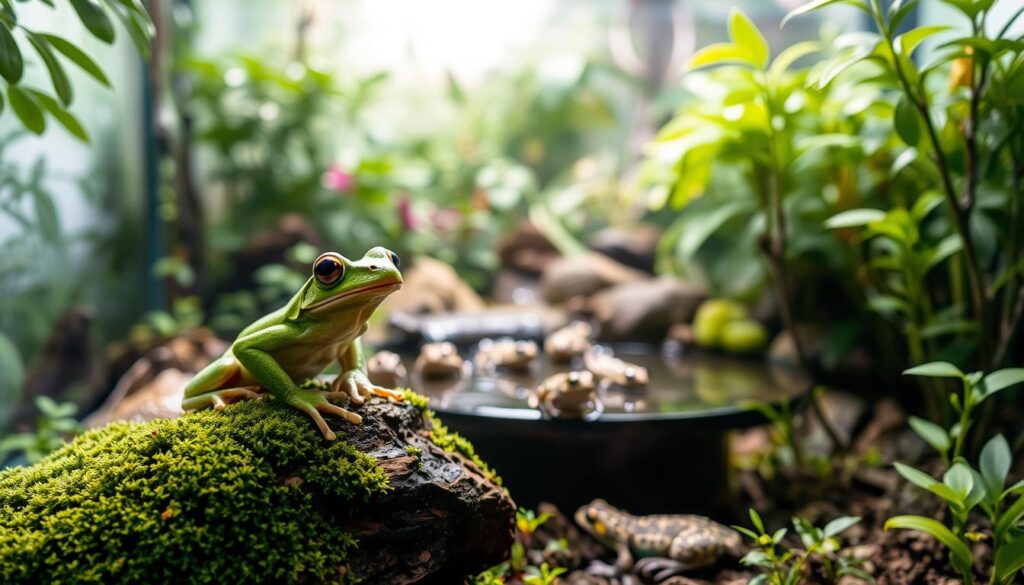 A terrarium filled with a diverse ecosystem of lively frogs, captured in stunning detail. In the foreground, a vibrant green tree frog perches atop a mossy log, its expressive eyes and delicate features showcased by the precise focus. Mid-frame, a group of smaller spotted frogs hop across a shallow water feature, their movements frozen in time. The background reveals a dense jungle-like environment, with lush foliage and a soft, diffused lighting that creates a serene, naturalistic atmosphere. Polarized to enhance the vivid colors and textures, this hyperrealistic scene offers a captivating glimpse into the captivating world of beginner-friendly frog keeping.