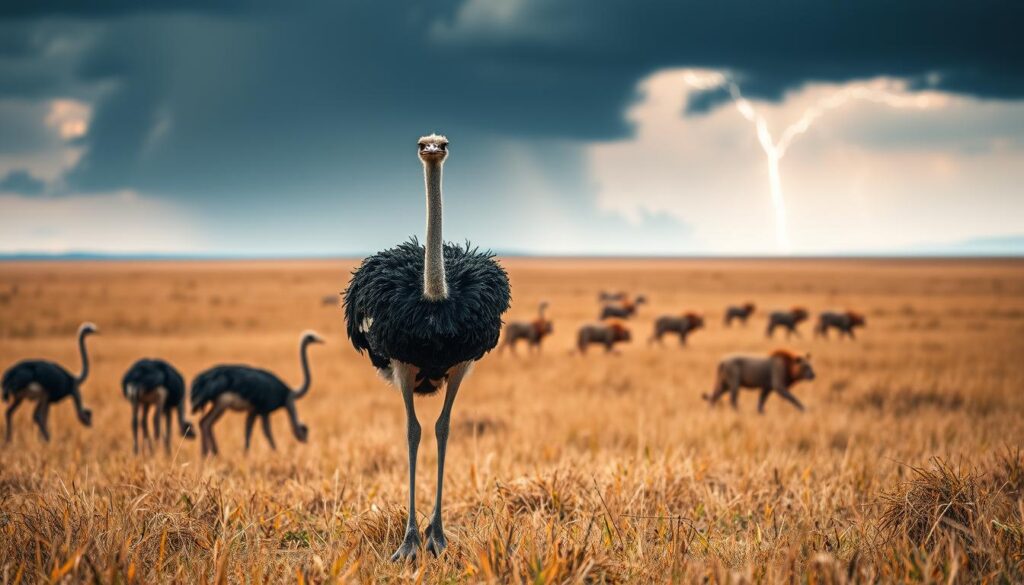 A vast savanna landscape, with a herd of ostriches grazing peacefully. In the foreground, a lone ostrich stands alert, its keen eyes scanning the horizon for any potential threats. The middle ground reveals a pride of lions stalking their prey, their muscular forms casting long shadows across the golden grasslands. In the distance, a thunderstorm brews, casting an ominous mood over the scene. Shot on Sony A7R IV, clearly focused, sharply defined, polarizer filter, Hyperrealistic image.