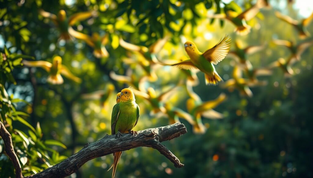 A vibrant and captivating scene of a flock of Budgerigars (Wellensittiche) in their natural habitat, soaring gracefully through the lush, verdant foliage. The birds' vivid green and yellow plumage contrasts beautifully against the dappled sunlight filtering through the canopy, casting a warm and tranquil ambiance. In the foreground, a pair of Budgerigars perch on a weathered tree branch, their heads tilted as they preen their feathers, while behind them, the rest of the flock takes to the air, their wings outstretched in a graceful dance. The overall composition is crisp, focused, and deeply immersive, capturing the essence of these delicate and resilient birds in their wild, untamed environment.