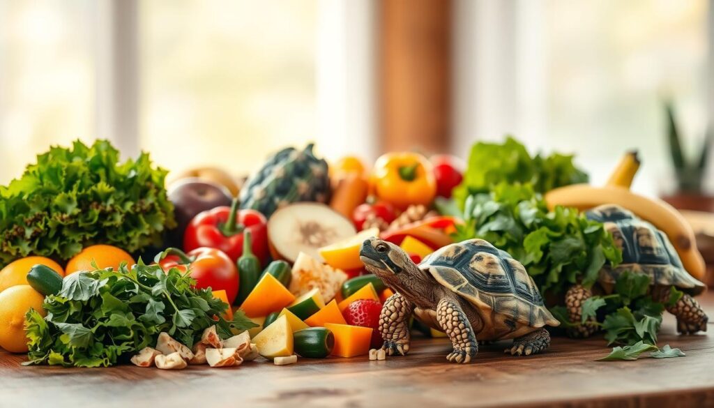 A vibrant still life showcasing a balanced mix of healthy, fresh tortoise food. In the foreground, an array of leafy greens, juicy fruits, and crunchy vegetables artfully arranged on a wooden table. The middle ground features a variety of whole and chopped ingredients, highlighting the diverse nutritional needs of these reptiles. The background softly fades into a warm, natural setting, suggesting an inviting, calming atmosphere. The lighting is soft and diffused, accentuating the vivid colors and textures of the ingredients. Captured with a Sony A7R IV, this hyperrealistic image conveys the importance of a varied, balanced diet for the thriving health of pet tortoises.