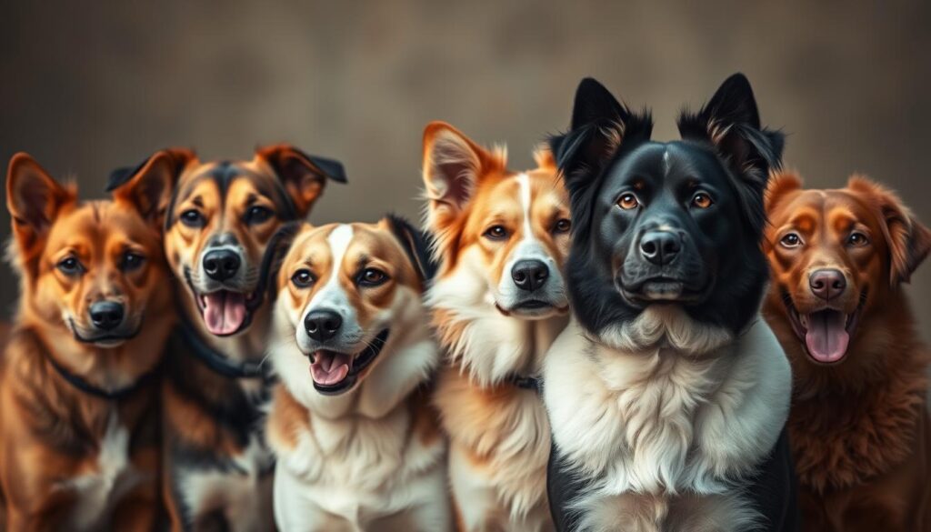 An intriguing pack of purebred canines, each with a captivating moniker, stand proudly against a softly blurred backdrop. Meticulously crafted with a Sony A7R IV, the image is sharply defined and brimming with vivid details, thanks to the use of a polarizer filter. Soft, natural lighting bathes the scene, lending an air of sophistication and elegance. The dogs' expressions convey a sense of intelligence and playfulness, inviting the viewer to imagine the rich stories behind their extraordinary names. This hyperrealistic image embodies the essence of "Kurz und prägnant: Die besten Namen", showcasing a curated collection of captivating monikers for the discerning dog owner.