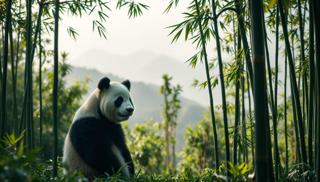 Panda bear standing in a lush, green bamboo forest. The foreground features the panda in a relaxed, natural pose, its distinctive black and white fur pattern accentuated by the soft, dappled lighting. The middle ground showcases the towering bamboo stalks, their leaves swaying gently in the breeze. In the background, a misty, mountainous landscape creates a serene, almost ethereal atmosphere. The image captures the panda's unique characteristics and the beautiful, tranquil environment it inhabits. Shot on Sony A7R IV, clearly focused, sharply defined, polarizer filter, Hyperrealistic image.