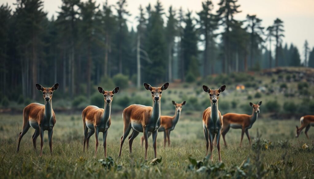 Rehe in veränderter Landschaft: A herd of graceful deer standing in a lush meadow, their gentle eyes observing the encroaching human presence. In the background, a once-dense forest has been partially cleared, leaving behind a patchwork of towering pines and exposed undergrowth. The animals appear cautious, their posture alert, as they navigate this altered habitat. Soft, diffused lighting filters through the remaining trees, creating a somber, introspective atmosphere. Shot on Sony A7R IV, clearly focused, sharply defined, polarizer filter, Hyperrealistic image.