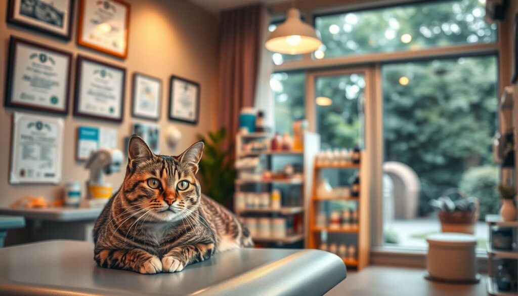 A cozy veterinary clinic interior, with warm lighting and an inviting atmosphere. In the foreground, a tabby cat rests on an exam table, its eyes alert and curious. On the walls, diplomas and certifications showcasing the clinic's expertise in feline healthcare. The middle ground features a display of pet supplies and medications, neatly organized. In the background, a large window offers a glimpse of a tranquil garden, creating a calming, natural ambiance. The scene exudes a sense of professionalism and care, perfectly capturing the essence of "Katzengesundheit Vorsorge" - comprehensive feline health and wellness.