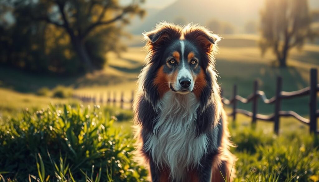 A majestic Australian Shepherd in its natural habitat, surrounded by lush greenery and rolling hills. The dog stands alert, its intelligent eyes scanning the pastoral landscape. Sunlight filters through the trees, casting a warm glow on the Shepherd's striking coat of merino wool-like fur. In the background, a traditional wooden fence line meanders through the scene, hinting at the dog's role as a loyal herding companion. The composition captures the essence of the breed's Lebensumfeld - a life of outdoor adventure, diligent work, and a deep connection to the land.