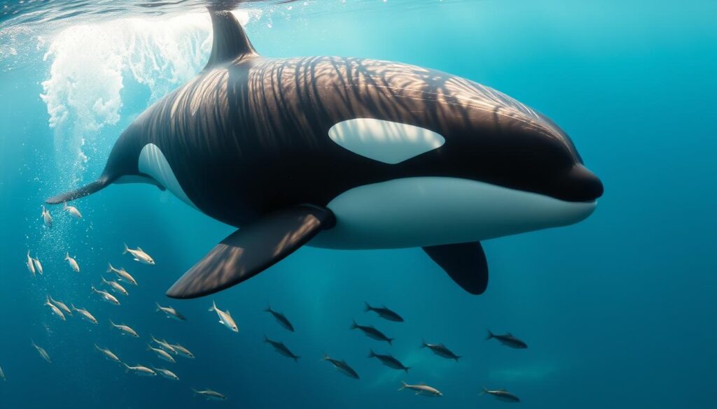 A majestic orca, its sleek black-and-white body gliding effortlessly through the azure waters. Intelligent eyes gleam with curiosity, reflecting a complex social hierarchy and advanced communication skills. Schools of smaller fish scatter in its wake, awed by the apex predator's grace and power. Sunlight filters through the waves, casting a warm glow on the intelligent giant as it navigates its aquatic domain with unparalleled finesse. Shot on Sony A7R IV, clearly focused, sharply defined, polarizer filter, Hyperrealistic image.