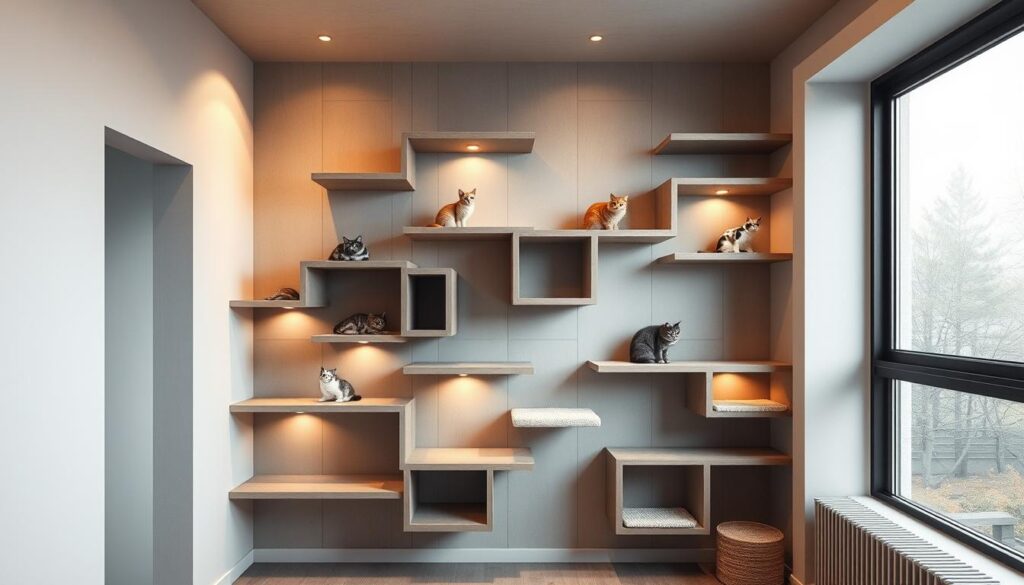 A modern, sleek "Kreative Katzenkletterwand Design" with geometric shelves and platforms in a minimalist style. The wall features a variety of levels, nooks, and scratching posts to encourage feline activity and exploration. Warm lighting from recessed fixtures casts a cozy glow, while a large window allows natural light to stream in, creating depth and dimension. The cat-friendly design seamlessly blends form and function, offering an engaging and aesthetically pleasing environment for indoor cats. Shot on Sony A7R IV, clearly focused, sharply defined, polarizer filter, Hyperrealistic image.