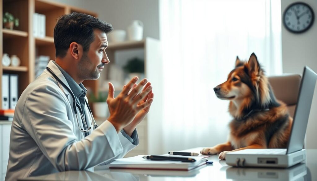 A professional veterinarian deeply focused, sitting at a neatly organized desk in a well-lit, modern office, their expression calm and reassuring as they consult with a concerned dog owner about the "Werwolf Syndrom" affecting their canine companion. The veterinarian's hands gesture thoughtfully while explaining diagnosis and treatment options, the dog owner listening intently. The room's soft, natural lighting, pristine decor, and soothing color palette evoke a sense of trust and expertise. Polarized lens captures every detail in crisp, hyperrealistic clarity.