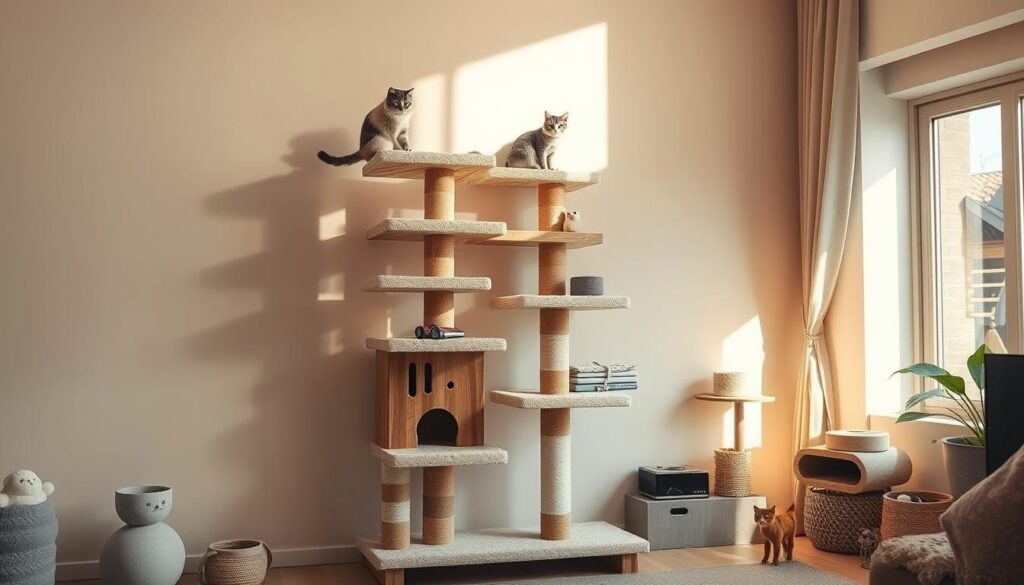 A sturdy, freestanding cat climbing wall stands in a cozy home interior. The wall is constructed with thick, durable wood panels, offering multiple platforms and perches for cats to ascend. Carpeted surfaces provide excellent grip and traction. Warm, natural lighting from a nearby window illuminates the scene, casting soft shadows that accentuate the textural details. The wall is positioned against a plain, neutral-toned wall, allowing the cat furniture to be the focal point. An array of cat toys and accessories are neatly arranged nearby, creating an inviting, cat-friendly environment. The overall composition conveys a sense of safety, comfort, and practicality for indoor-dwelling felines.