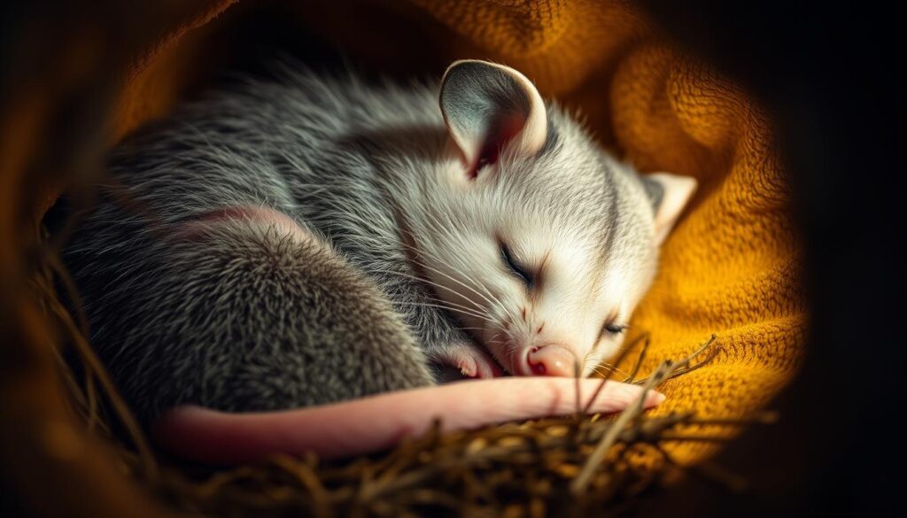 Opossum curled up in a cozy sleeping den, its distinctive grey fur and pink tail contrasting against the warm, earthy tones of its nest. The scene is illuminated by soft, diffused lighting, creating a serene and inviting atmosphere. The opossum's eyes are gently closed, its expression peaceful and relaxed, showcasing its natural ability to sleep soundly for extended periods. The image is captured from a low angle, emphasizing the creature's natural habitat and its comfortable resting place. The overall composition is well-balanced, highlighting the opossum's sleeping habits in a visually captivating and biologically accurate manner.
