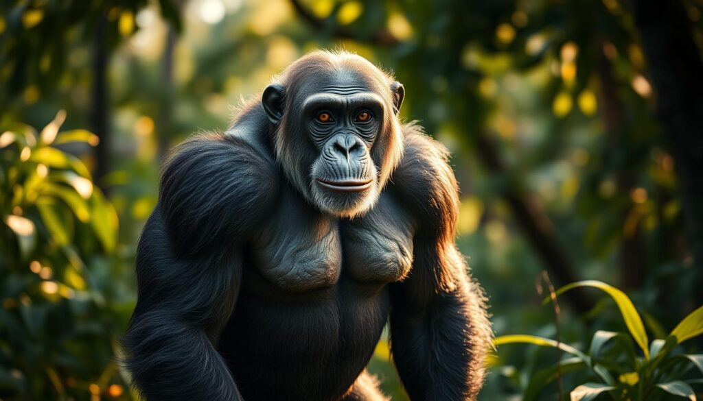 Shot on Sony A7R IV, a powerful chimpanzee stands in a lush, verdant forest, radiating strength and intelligence. Its muscular frame is accentuated by the warm, soft lighting, casting dramatic shadows that highlight the animal's impressive physique. The chimpanzee's expressive eyes convey a depth of understanding, suggesting a profound connection with its surroundings. The scene is captured with a polarizer filter, creating a sense of depth and clarity that elevates the subject's natural beauty. This hyperrealistic image showcases the remarkable blend of raw power and cognitive prowess that defines the chimpanzee, the epitome of the union between strength and intelligence.