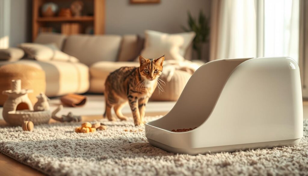 A cozy, welcoming scene of a cat's introduction to its new litter box. In the foreground, a sleek, porcelain-white litter box stands atop a plush, neutral-toned rug, beckoning the feline occupant. Surrounding it, an array of cat toys and treats, creating an inviting environment. The middle ground features a feline companion, its eyes filled with curiosity, as it cautiously approaches the litter box, its soft, striped fur catching the warm, natural lighting. In the background, a cozy, minimalist living space, with clean lines and muted colors, sets the stage for this intimate moment of a cat's acclimation to its new home. Captured with a Sony A7R IV, the image is sharp, focused, and enhanced by a polarizer filter, resulting in a stunning, hyperrealistic depiction of the "Katzenklo Einführung" experience.
