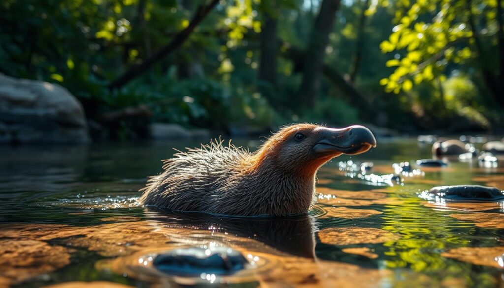 A detailed, life-sized portrait of a platypus (Schnabeltier) in its natural habitat, centered in the frame. The platypus is shown swimming gracefully in a shallow, rocky pond, its sleek, furry body and distinctive duck-like bill clearly visible. Sunlight filters through the water, casting shimmering reflections on the surface. The background features lush, verdant foliage of a riverine forest, creating a serene, tranquil atmosphere. The image is sharply focused, with a polarized lens capturing the platypus's rich, chocolatey-brown fur and the vibrant greens of the surrounding vegetation. The overall mood is one of quiet contemplation, highlighting the unique longevity and robust health of this remarkable semiaquatic mammal.