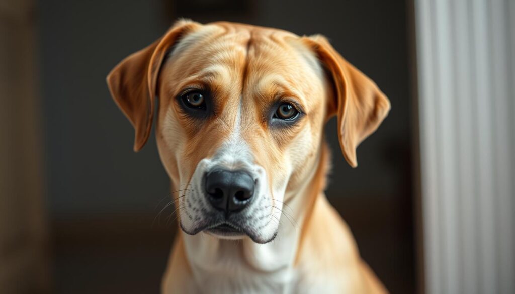 A detailed portrait of a purebred dog, its breed characteristics prominently displayed. The dog's facial features, body shape, and overall conformation clearly indicate health problems associated with selective breeding. The dog is captured in natural lighting, with a shallow depth of field to draw the viewer's attention to the subject's expression and physical attributes. The background is minimalist, allowing the dog to be the central focus. The mood is one of contemplation, prompting the viewer to consider the ethical implications of breeding practices that prioritize aesthetics over the animal's wellbeing.