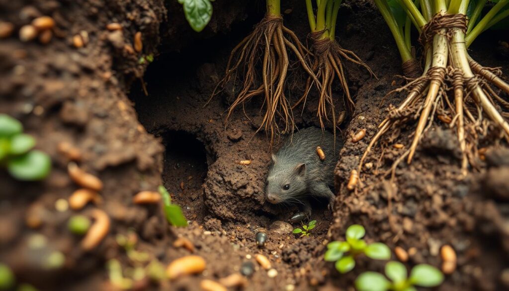 A detailed, sharply focused wide-angle shot showcasing the underground ecosystem of the hardworking mole. In the foreground, lush soil teems with earthworms, insects, and microorganisms, all contributing to the fertility of the land. The middle ground reveals the intricate network of tunnels and chambers dug by the mole, highlighting its crucial role in aerating and enriching the soil. In the background, the roots of thriving plants reach deep into the nourishing earth, a testament to the mole's vital part in the delicate balance of the ecosystem. Warm, earthy tones and soft, diffused lighting create a sense of tranquility and harmony, emphasizing the mole's importance as a diligent steward of the land.