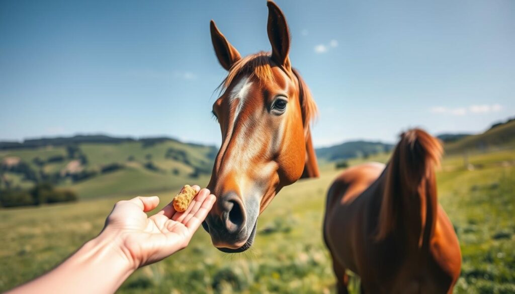 A focused and well-trained horse standing calmly in a sun-dappled meadow, its ears perked forward as it attentively waits for its handler to offer a treat from an outstretched palm. The horse's glossy chestnut coat and gentle eyes convey a sense of trust and cooperation, the result of patient training and positive reinforcement. In the background, a lush, verdant landscape with rolling hills and a clear blue sky creates a serene, idyllic setting, inviting the viewer to imagine the horse's peaceful enjoyment of its well-earned reward.