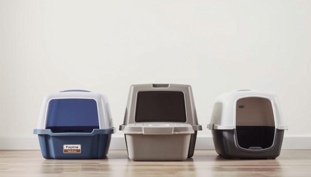 A high-quality, professional image showcasing a variety of dog-proof cat litter boxes from leading brands. Set against a bright, neutral background, the image features three to five different litter box models in the foreground, each highlighted with careful lighting and detailed textures. The boxes are arranged in a visually appealing, symmetrical layout, allowing easy comparison of their unique designs and features. The middle ground includes product labels and logos, subtly communicating the brand names without distracting from the main focus. The background maintains a clean, minimalist aesthetic, emphasizing the products themselves. The overall mood is one of clarity, sophistication, and consumer-focused utility, reflecting the informative nature of the article section.