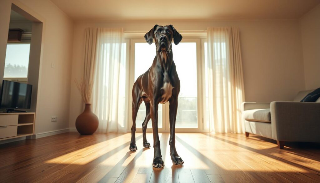 A large, towering Great Dane stands proudly in a sunlit living room, its muscular frame casting a long shadow across the hardwood floor. The dog's intelligent eyes convey a sense of gentle power, hinting at the challenges of managing its sheer size and strength. The room's minimalist decor provides a clean, uncluttered backdrop, allowing the dog's impressive presence to take center stage. Delicate dust motes drift in the warm, golden light, adding a serene atmosphere to the scene. Captured with a Sony A7R IV, this hyperrealistic image showcases the majesty and potential difficulties of owning a giant dog breed, reflecting the section title "Herausforderungen bei der Haltung großer Rassen".