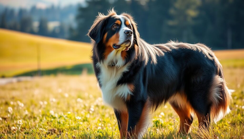 A large, well-trained Bernese mountain dog stands in a sunlit meadow, focused intently on its owner who stands nearby. The dog's muscular build and alert posture suggest a strong, obedient companion, trained with patience and care. In the background, rolling hills and a distant forest create a serene, natural setting. The lighting is soft and warm, emphasizing the dog's thick, glossy coat. The overall scene conveys the importance of proper training and socialization for these impressive, gentle giants.