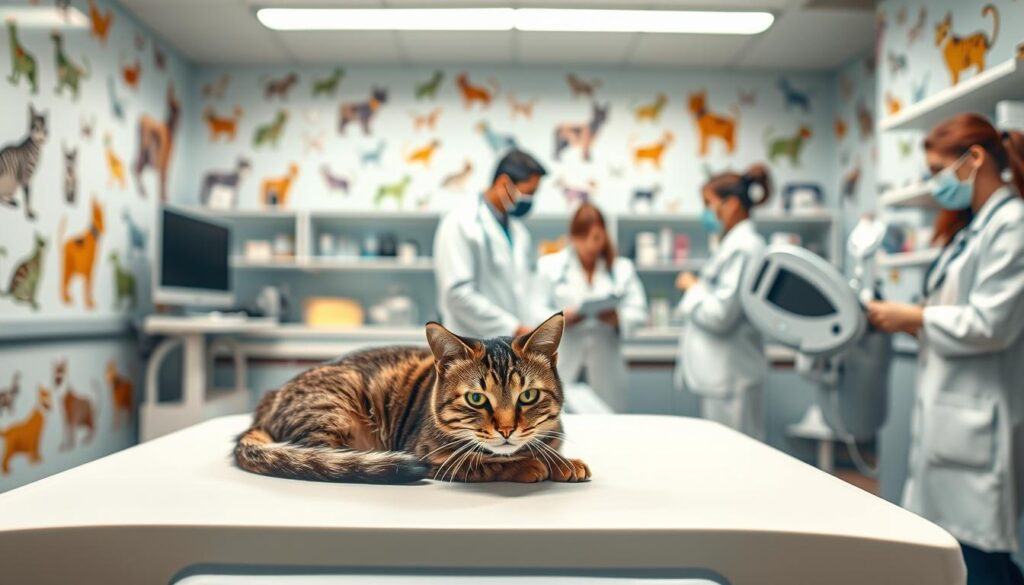 A modern veterinary clinic, its walls adorned with vibrant illustrations of cats. In the foreground, a sleek exam table where a tabby feline rests, its coat neatly groomed. Behind, a team of veterinarians in crisp white coats examines the patient, employing the latest diagnostic tools. The lighting is warm and inviting, casting a soft glow over the scene. In the background, shelves brimming with state-of-the-art treatments and medications, ready to address any feline ailment. A sense of professionalism and care permeates the environment, promising the best possible outcomes for the beloved pets.