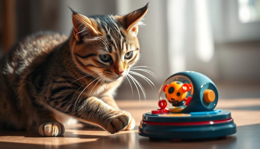 A playful tabby cat delightfully interacts with a sophisticated intelligence toy, its paws deftly manipulating the interactive components. The feline's intense focus and curiosity are captured in crisp detail, the scene illuminated by soft, natural lighting that casts gentle shadows. The toy's vibrant colors and intricate design elements are rendered with exceptional clarity, inviting the viewer to imagine the cat's mental stimulation. The overall composition is balanced and visually engaging, conveying the joy and enrichment that such toys can bring to a cat's playtime. Shot on a Sony A7R IV with a polarizer filter, this hyperrealistic image offers a captivating glimpse into the world of feline intelligence.