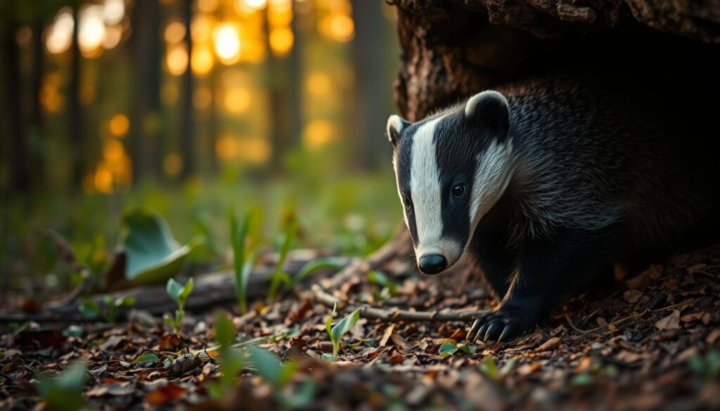 A tranquil forest scene at dusk, a curious European badger (Meles meles) emerges from its den, sniffing the air intently. Warm lighting filters through the canopy, casting a golden glow across the undergrowth. The badger's distinctive black and white striped face, compact muscular body, and powerful claws are rendered in exquisite detail. The camera, positioned low to the ground, captures the animal's cautious movements as it navigates the forest floor, alert for any potential threats. The overall composition evokes a sense of peaceful observation, inviting the viewer to lose themselves in the quiet wonder of this elusive nocturnal creature.
