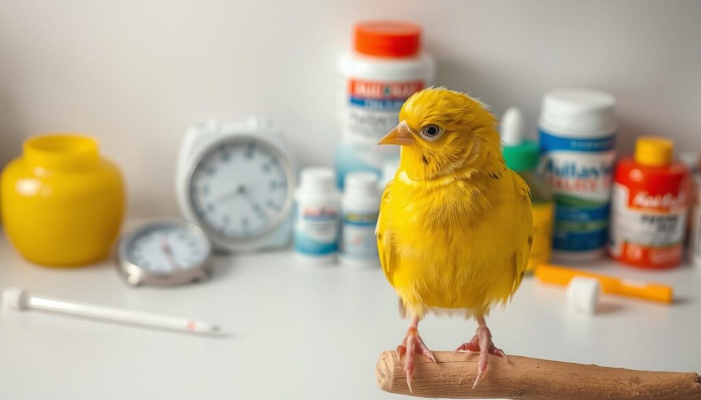 A vibrant yellow canary perched on a wooden perch, its feathers shimmering in the soft, natural light. In the background, an array of bird healthcare supplies - a thermometer, a scale, and various supplements and medications - are neatly arranged on a clean, white surface, conveying a sense of attentive care and preventative health. The image is crisp, with a shallow depth of field that keeps the canary in sharp focus, while the background remains pleasantly blurred. The overall mood is one of tranquility and responsible avian ownership, highlighting the importance of proactive health management for these beloved feathered companions.