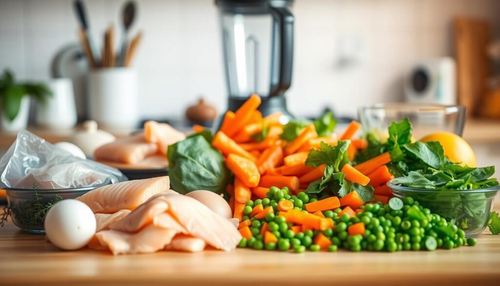 A well-organized kitchen counter with various fresh ingredients for homemade cat food preparation. In the foreground, an array of wholesome proteins such as chicken, fish, and eggs. In the middle, an assortment of vegetables, including carrots, spinach, and peas, neatly chopped and ready for mixing. In the background, a blender and a food processor, indicating the step-by-step process of blending and combining the components. The lighting is warm and natural, creating a cozy and inviting atmosphere. The overall scene conveys a sense of care and attention to detail, reflecting the importance of providing a healthy, homemade meal for a beloved feline companion.