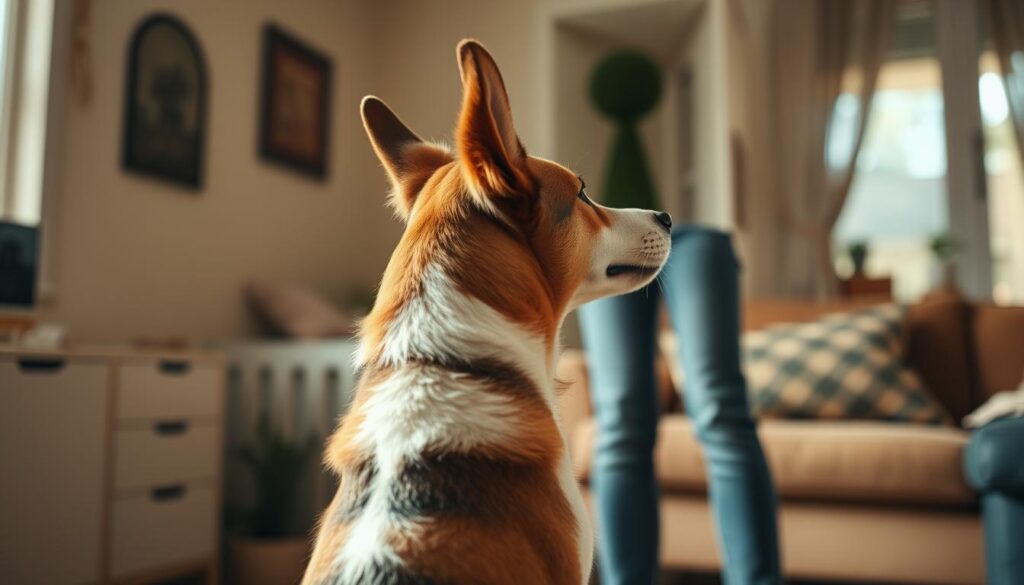 A well-trained dog owner, standing in a cozy home setting, closely observing their furry companion's body language. The dog's posture - alert, with ears perked, signaling attentiveness. Subtle tail wags and a relaxed, open stance convey contentment. Warm, natural lighting bathes the scene, creating a sense of comfort and understanding between human and animal. The owner's gaze is engaged, demonstrating a keen awareness of the nuances of canine communication, ready to reinforce positive behaviors through effective training techniques.