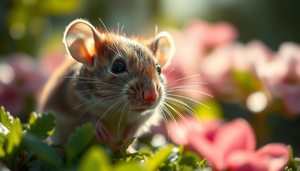 A whimsical close-up of a curious mouse, its nose twitching as it explores a lush, verdant garden. Soft sunlight filters through the canopy, casting delicate shadows on the rodent's fur. The mouse's eyes gleam with intelligence, hinting at the complex psychology behind its charming name. In the background, blurred blooms in vibrant hues create a dreamy, immersive atmosphere. Captured with a Sony A7R IV and a polarizer filter, this hyperrealistic image conveys the inherent beauty and fascination of the humble house mouse.