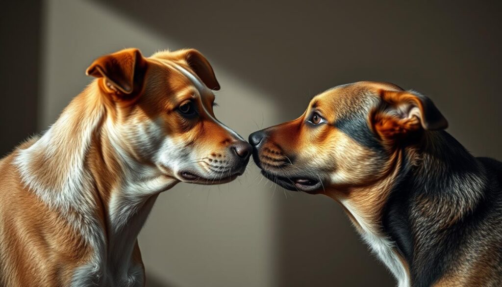 Canine communication breakdown, two dogs facing each other, one with a confused, unsure expression, the other with a dominant, confrontational stance. Harsh lighting casts dramatic shadows, creating an uneasy, tense atmosphere. The background is blurred, drawing the viewer's focus to the charged interaction between the animals. Hyperrealistic details, including the textured fur, expressive eyes, and subtle body language, convey the nuances of miscommunication. Polarized filter enhances the contrast, heightening the sense of conflict. Captured with a Sony A7R IV, the image is sharply defined, emphasizing the gravity of the moment.