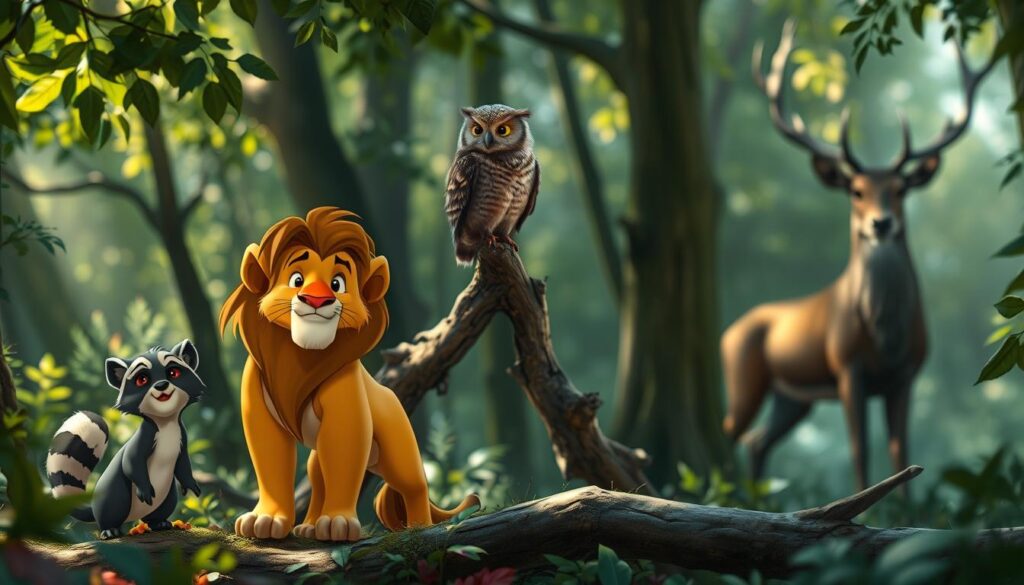 Timeless Disney animal film character names, a whimsical ensemble of beloved creatures from the studio's enchanting tales. A tranquil woodland setting, dappled with soft light filtering through lush foliage. In the foreground, a distinguished yet playful lion stands tall, his mane radiating an inner strength. Beside him, a curious yet mischievous raccoon peers out from the undergrowth. In the middle ground, a wise old owl perches atop a gnarled branch, observing the scene with a knowing gaze. In the background, a majestic stag emerges from the shadows, its regal antlers reaching towards the heavens. Captured with a Sony A7R IV, this hyperrealistic image conveys the timeless charm and enduring appeal of these cherished Disney icons.