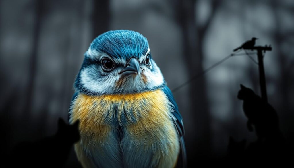 A close-up, hyper-realistic portrait of a Eurasian blue tit (Cyanistes caeruleus), also known as a "Kohlmeise", facing various threats to its survival. The bird's vibrant blue, yellow, and white plumage is captured in exquisite detail, its sharp eyes and beak conveying a sense of alert vigilance. In the background, a dimly lit forest scene suggests the natural habitat of this species, while in the foreground, subtle silhouettes of predators, such as a cat, a hawk, and a power line, loom as potential dangers. The lighting is moody and dramatic, with a polarized filter enhancing the contrast and depth of the image, conveying the precarious existence of this beloved garden bird.