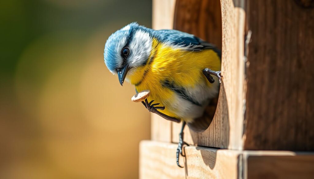 A close-up portrait of a Eurasian blue tit (Cyanistes caeruleus), also known as a "Kohlmeise", perched on a wooden bird feeder, delicately holding a seed in its beak, ready to feed its young. The bird's vibrant blue and yellow plumage is captured in vivid detail, with its head slightly tilted and its eyes attentive. The feeder is positioned against a blurred, out-of-focus background, emphasizing the bird's presence. Warm, natural lighting from the side casts gentle shadows, creating a sense of depth and dimension. Taken with a Sony A7R IV, the image is sharp, with a polarizer filter enhancing the colors, resulting in a hyperrealistic, captivating depiction of this beloved garden bird in the act of feeding.