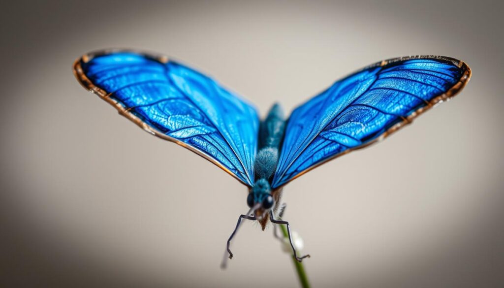 A close-up portrait of a stunning blue butterfly, its delicate wings outstretched and illuminated by soft, natural lighting. The vibrant azure hues are accentuated by a polarizer filter, creating a rich, saturated color palette. The intricate patterns and textures of the butterfly's scales are sharply defined, inviting the viewer to appreciate the intricate beauty of this captivating creature. The image is shot on a Sony A7R IV, providing exceptional detail and clarity. The butterfly is positioned against a blurred, neutral background, allowing it to be the sole focus of the frame. This hyperrealistic depiction showcases the striking and mesmerizing nature of the blue butterfly, perfectly capturing the essence of the "Die Bedeutung der Farbe Blau" section of the article.