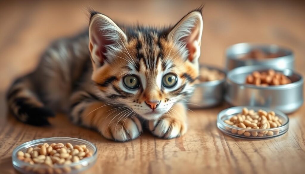 A close-up shot of a tabby kitten's paws resting on a wooden surface, with various cat food portions arranged neatly around it. The kitten's eyes are alert and curious, capturing the viewer's attention. The image is lit with soft, natural lighting, creating a warm and inviting atmosphere. The lens has a shallow depth of field, ensuring the kitten is the focal point, while the food portions in the background are slightly blurred. The overall composition is balanced and visually appealing, perfectly illustrating the topic of "Fütterungsfrequenz und Portionsgrößen" for the article on kitten nutrition.