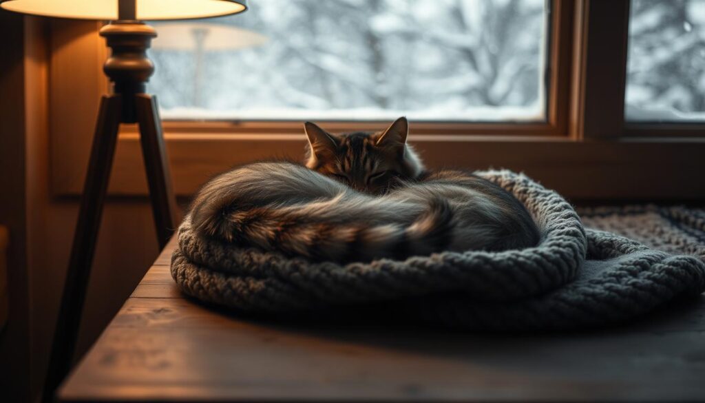 A cozy, dimly lit interior scene of a cat curled up on a plush, gray throw blanket, resting peacefully on a wooden bench or windowsill. Soft, warm lighting from a table lamp or natural daylight filters in, casting a gentle glow on the cat's fluffy, tabby fur. The background features a snow-covered winter landscape visible through a frosty window, hinting at the cold conditions outside. The cat appears content and protected, safe from the chill of the season. Shot on Sony A7R IV, clearly focused, sharply defined, polarizer filter, Hyperrealistic image.