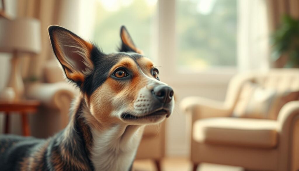 A curious dog, its head tilted, eyes pleading for attention, stands in the foreground, its fur shimmering with a soft, silky texture. The middle ground features a cozy, warm-toned interior, with a plush, inviting armchair and a gentle natural light filtering through a nearby window. The background blurs into a serene, calming atmosphere, hinting at the dog's desire for affection and companionship. Shot on a Sony A7R IV with a polarizer filter, this hyperrealistic image captures the moment with sharp focus and vivid, defined details, conveying the dog's endearing appeal for attention.