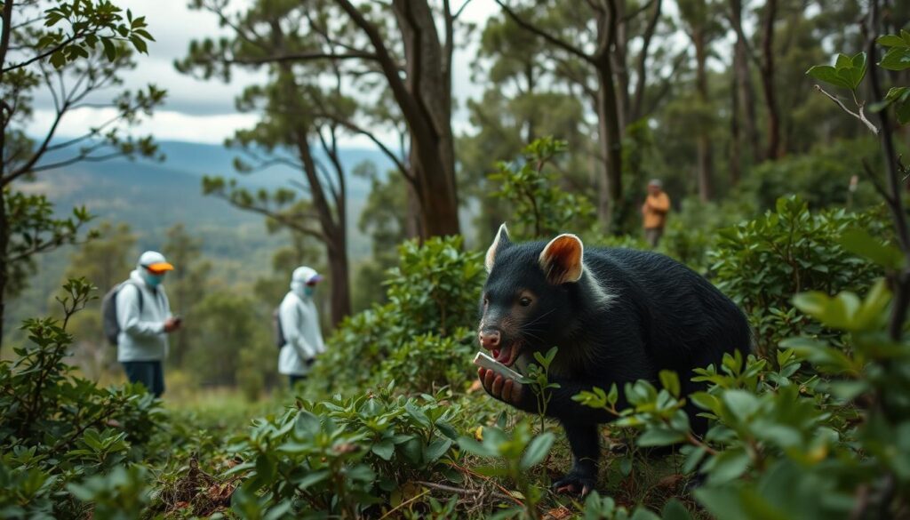 A dense, lush forest in Tasmania, Australia. In the foreground, a Tasmanian devil, its distinctive black fur and white markings standing out against the verdant foliage. The creature is intently examining a sample, part of the latest research project studying its behavior and health. In the middle ground, scientists in protective gear carefully observe and document their findings. The background is a panoramic view of the rugged Tasmanian landscape, with towering eucalyptus trees and a cloudy, moody sky. The scene conveys a sense of scientific exploration and the ongoing efforts to understand this unique marsupial. Shot on Sony A7R IV, clearly focused, sharply defined, polarizer filter, Hyperrealistic image.