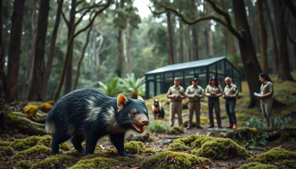 A lush, verdant forest in Tasmania, with towering eucalyptus trees and a thick, mossy undergrowth. In the foreground, a Tasmanian devil, its distinctive black and white fur shining, stands alert, its sharp teeth bared in a fierce expression. In the middle ground, a group of researchers in khaki uniforms carefully monitor the devil, taking notes and observing its behavior. In the background, a state-of-the-art research facility blends seamlessly into the natural landscape, its glass and steel architecture complementing the rugged terrain. The scene exudes a sense of dedicated conservation efforts, with the Tasmanian devil at the heart of a vital protection and preservation project.