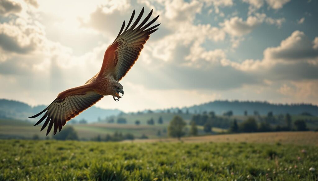 A majestic Eurasian Buzzard (Buteo buteo) soaring gracefully over a lush, verdant meadow. The raptor's broad wings are outstretched, its sharp talons tucked close to its body as it scans the ground below for small rodents and other prey. Sunlight filters through wispy clouds, casting a warm, golden glow on the bird's tawny plumage. In the middle distance, rolling hills and scattered trees create a tranquil, pastoral scene. The image is captured with a Sony A7R IV, the details crisp and vivid thanks to the polarizer filter, resulting in a hyper-realistic, visually stunning depiction of this magnificent bird of prey in its natural habitat.