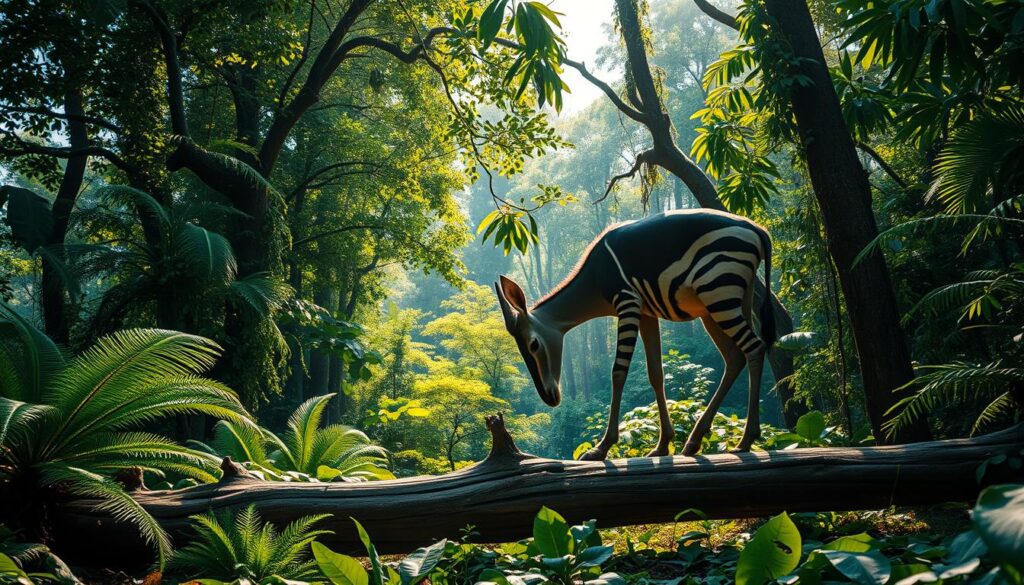 A majestic okapi forages in the lush, verdant rainforest, its distinctive striped legs and long, prehensile tongue delicately plucking leaves and fruits from the diverse canopy. The dappled sunlight filters through the towering trees, casting a warm, golden glow over the scene. In the middle ground, a fallen log provides a natural perch, allowing the viewer to observe the okapi's unique feeding behavior up close. The background is a dense, layered tapestry of ferns, vines, and vibrant foliage, creating a sense of depth and immersion in the heart of this thriving ecosystem. Shot on a Sony A7R IV with a polarizer filter, this hyperrealistic image captures the okapi's graceful movements and the rich, biodiverse environment it calls home.