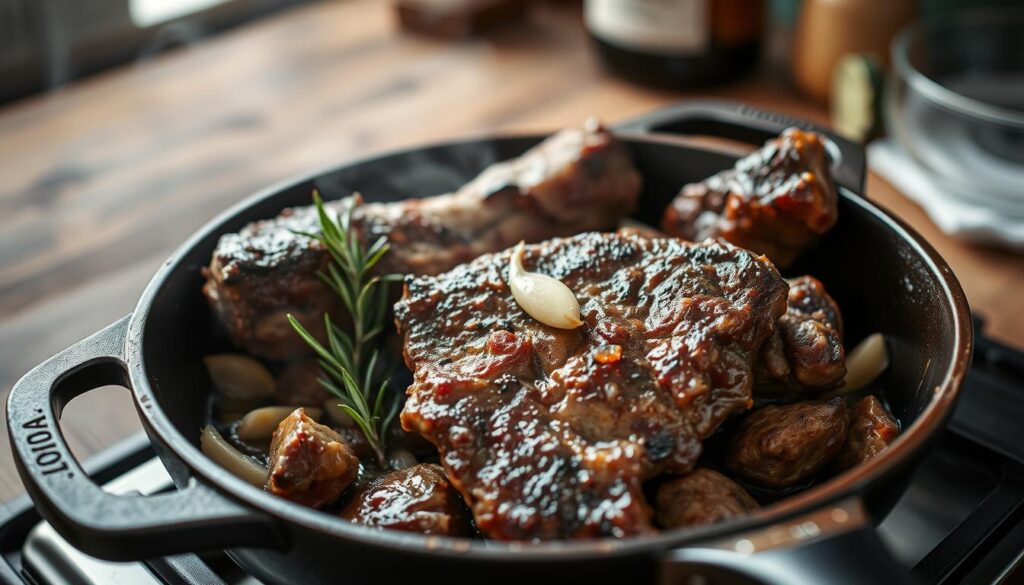 A mouthwatering preparation of wild boar meat, sizzling in a cast-iron skillet. The rich, earthy aroma fills the air as the meat sears to a deep, caramelized brown. Slivers of garlic, fragrant rosemary, and a splash of red wine dance together, creating a savory symphony on the stovetop. In the background, a rustic wooden table sets the stage, hinting at the primal, outdoor origins of this prized game meat. Soft, diffused lighting casts a warm, inviting glow, drawing the viewer in to savor the textures and flavors of this authentic, wild-sourced delicacy.